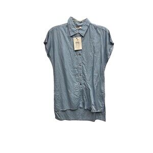 Meme Women S Blue Cap Sleeve Button Up Tunic Top Blouse New Collar Slit